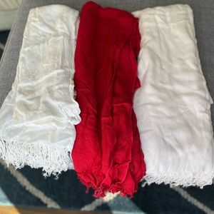 Three Scarves, with frill on bottoms, size o/S - red, light pink and white/ivory